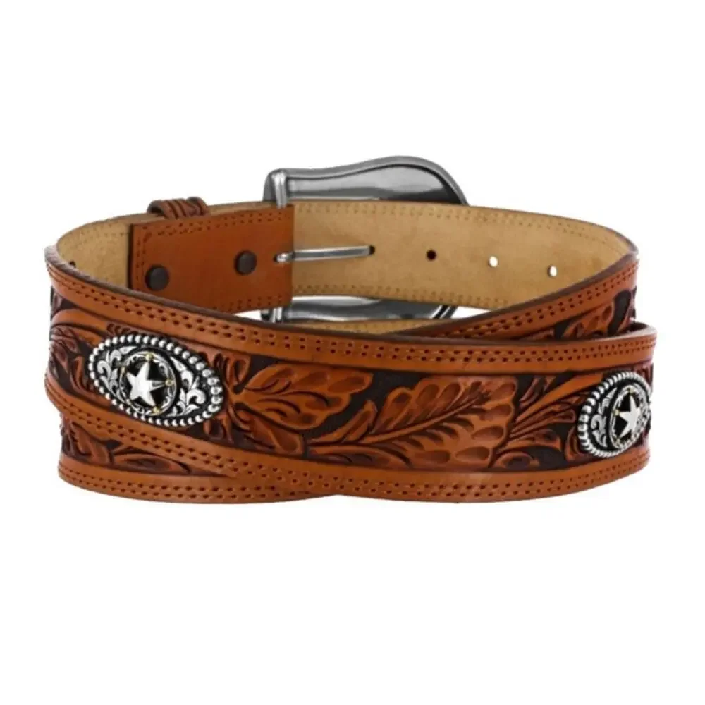 Justin Men's Tan Floral 5 Star Ranch Tooled Western Belt Size 32